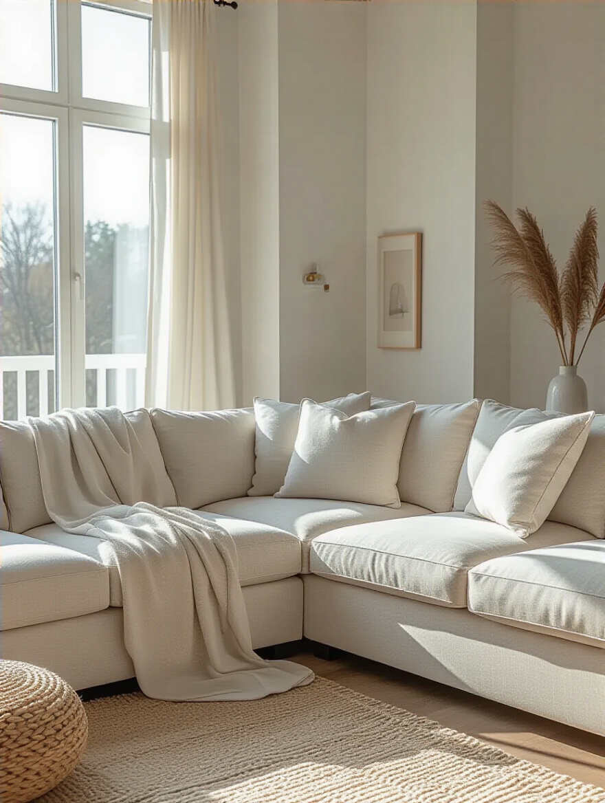 A light-colored modern sectional sofa subtly protected by an invisible fabric guard layer, with a perfectly fitted washable couch cover partially shown, in a clean, contemporary living room.