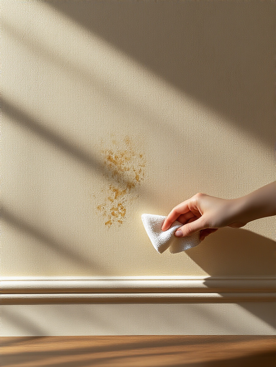 A soft microfiber cloth cleaning a dining room wall, showcasing the importance of regular paint inspection and cleaning for finish preservation.