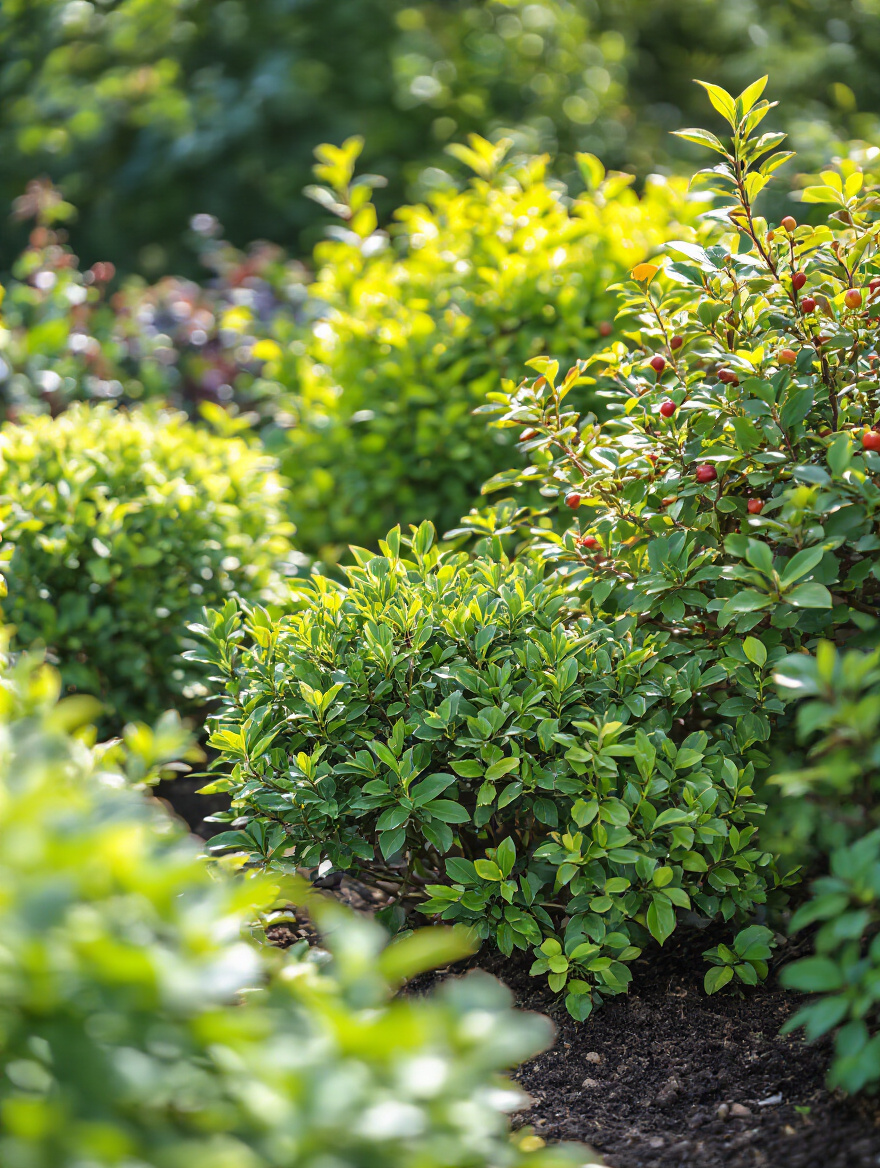Vibrant garden featuring various healthy, climate-resilient shrub varieties thriving in natural sunlight, emphasizing longevity and ease of care.