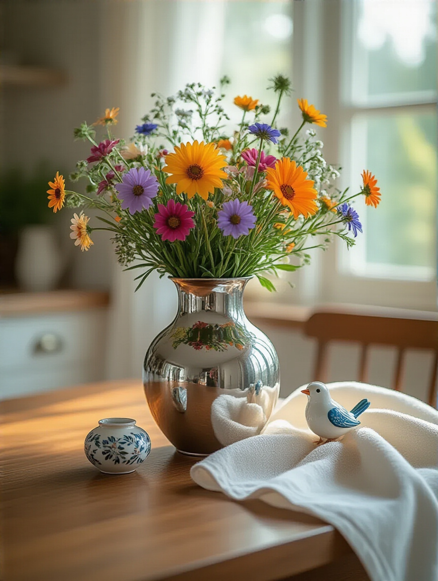 A beautifully maintained kitchen table centerpiece featuring a polished vase of fresh flowers, sparkling clean decorative elements, and a subtle cleaning cloth nearby, emphasizing lasting appeal and freshness.