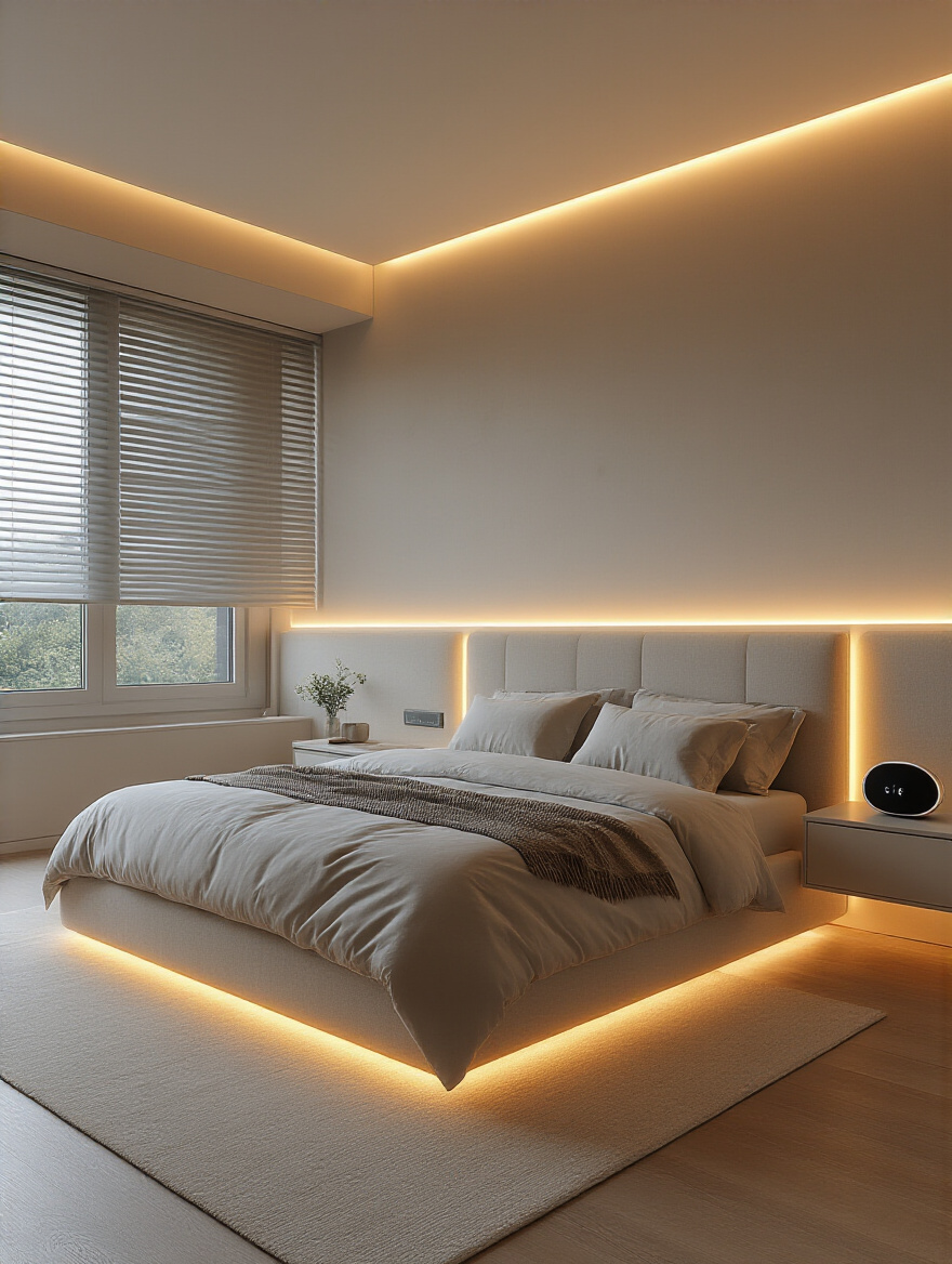 Modern master bedroom with subtly integrated smart home technology, smart ambient lighting, and automated window blinds, creating a serene and controlled environment.