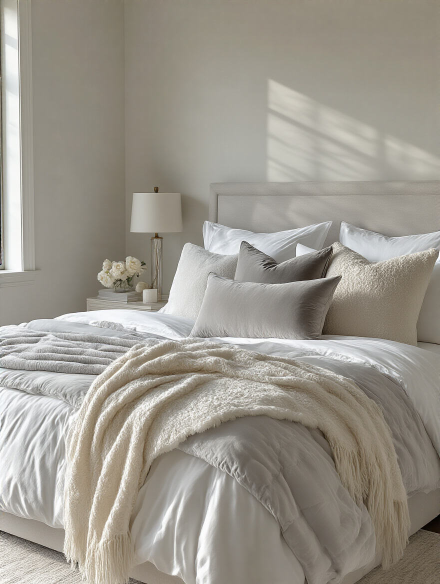 Luxurious bedding and textiles in a master bedroom featuring layered white sheets, a grey duvet, decorative velvet and faux fur pillows, and a cashmere throw, under soft natural light.
