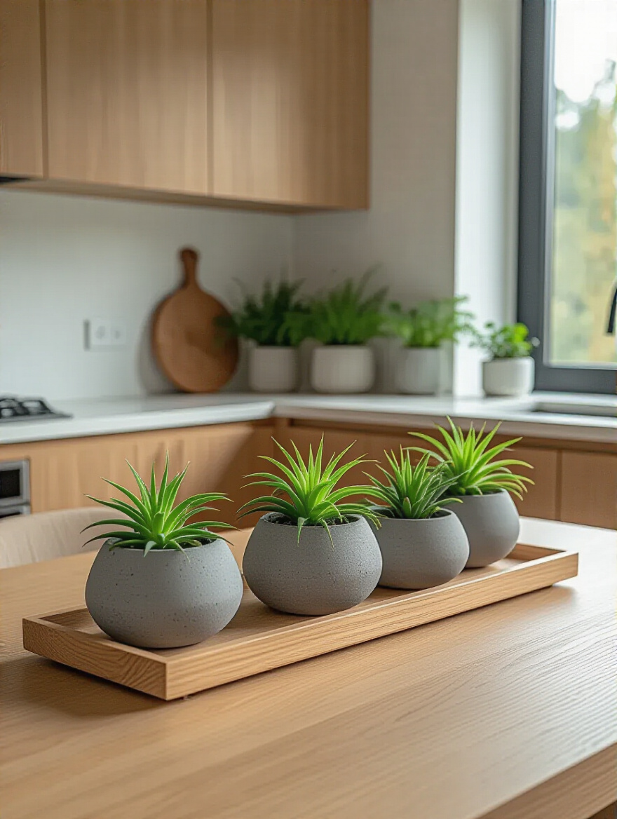 Modern minimalist kitchen with a harmonious centerpiece of concrete vessels and air plants on a blonde wood tray, matching quartz and oak cabinetry.