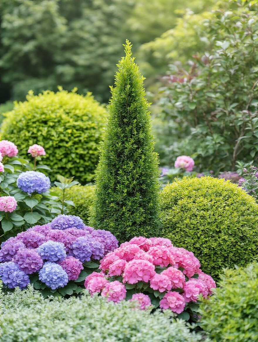 Garden landscape showcasing a variety of carefully selected shrubs with diverse forms like columnar and mounding, contrasting foliage textures from fine to coarse, and vibrant flowers for seasonal blooms, set in natural outdoor lighting.
