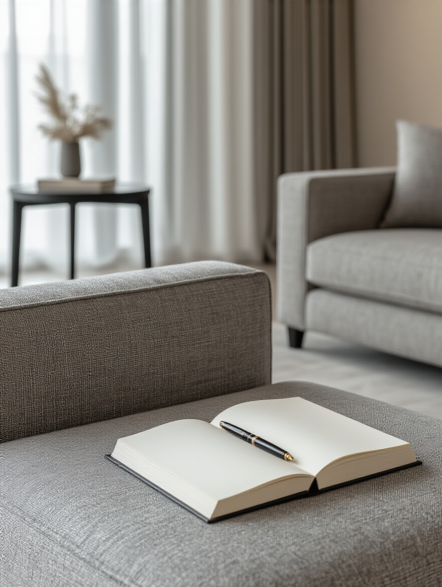 Living room showroom with elegant couches, an open journal and pen for research, representing smart couch shopping by reading reviews and in-store testing.