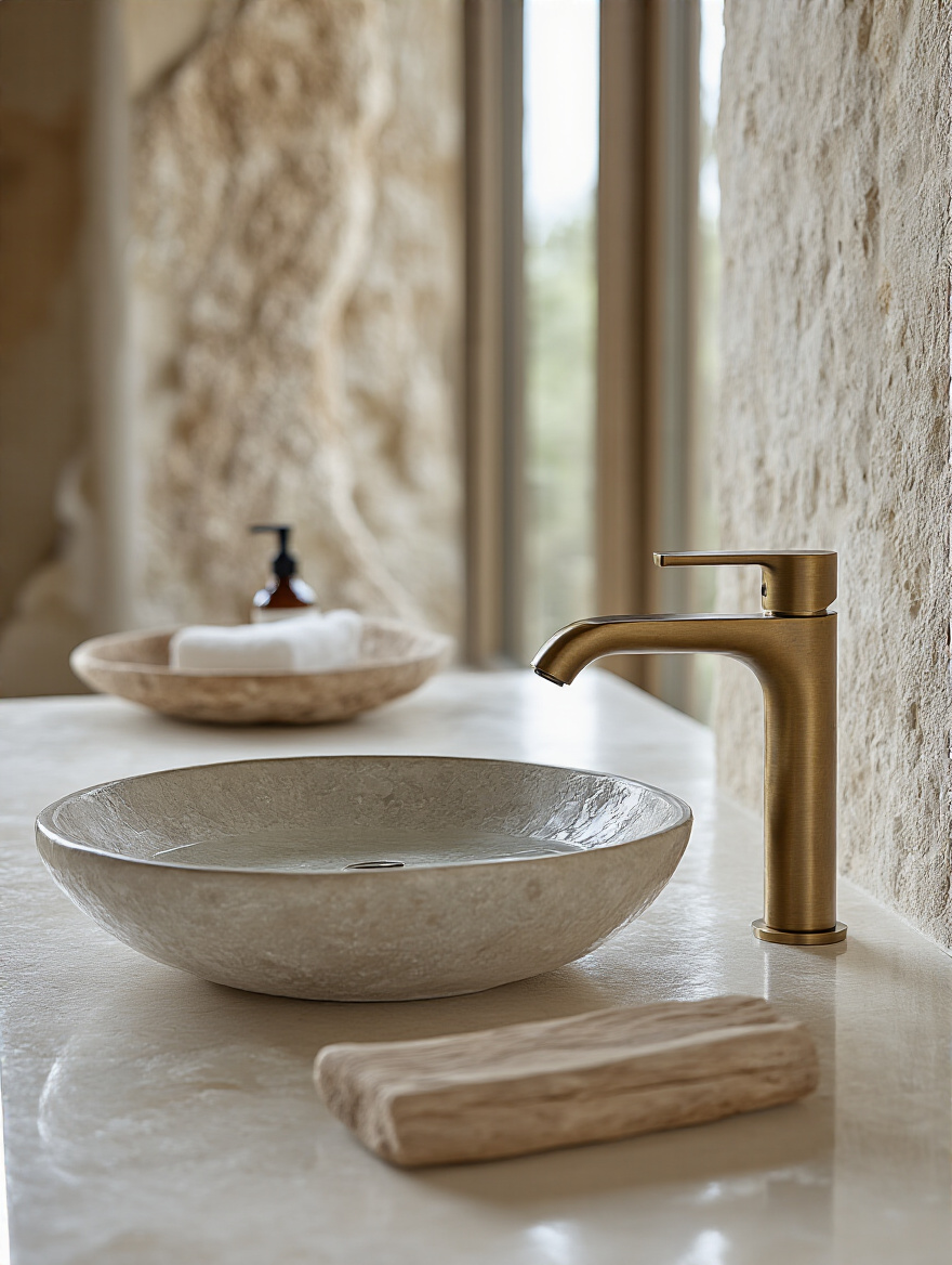 Close-up of a water-efficient unlacquered brass faucet with artisanal patina in a serene coastal spa bathroom, featuring natural stone and soft lighting.