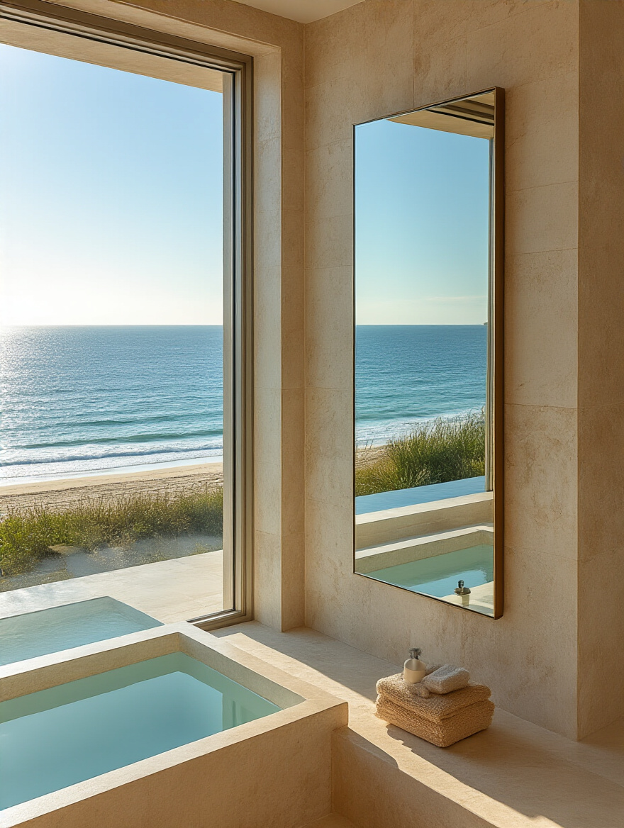 Luxury beach bathroom with a tall, frameless mirror strategically reflecting a panoramic coastal ocean view, enhancing natural light and spatial grandeur.