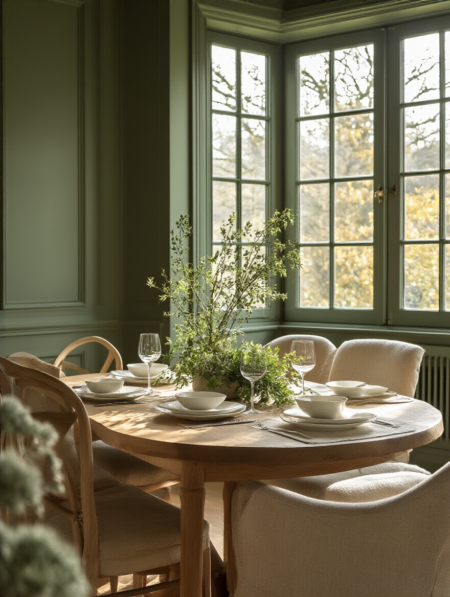 Dining room with sage green walls and a wooden table, representing calm color psychology, natural light filtering in, set for a tranquil meal