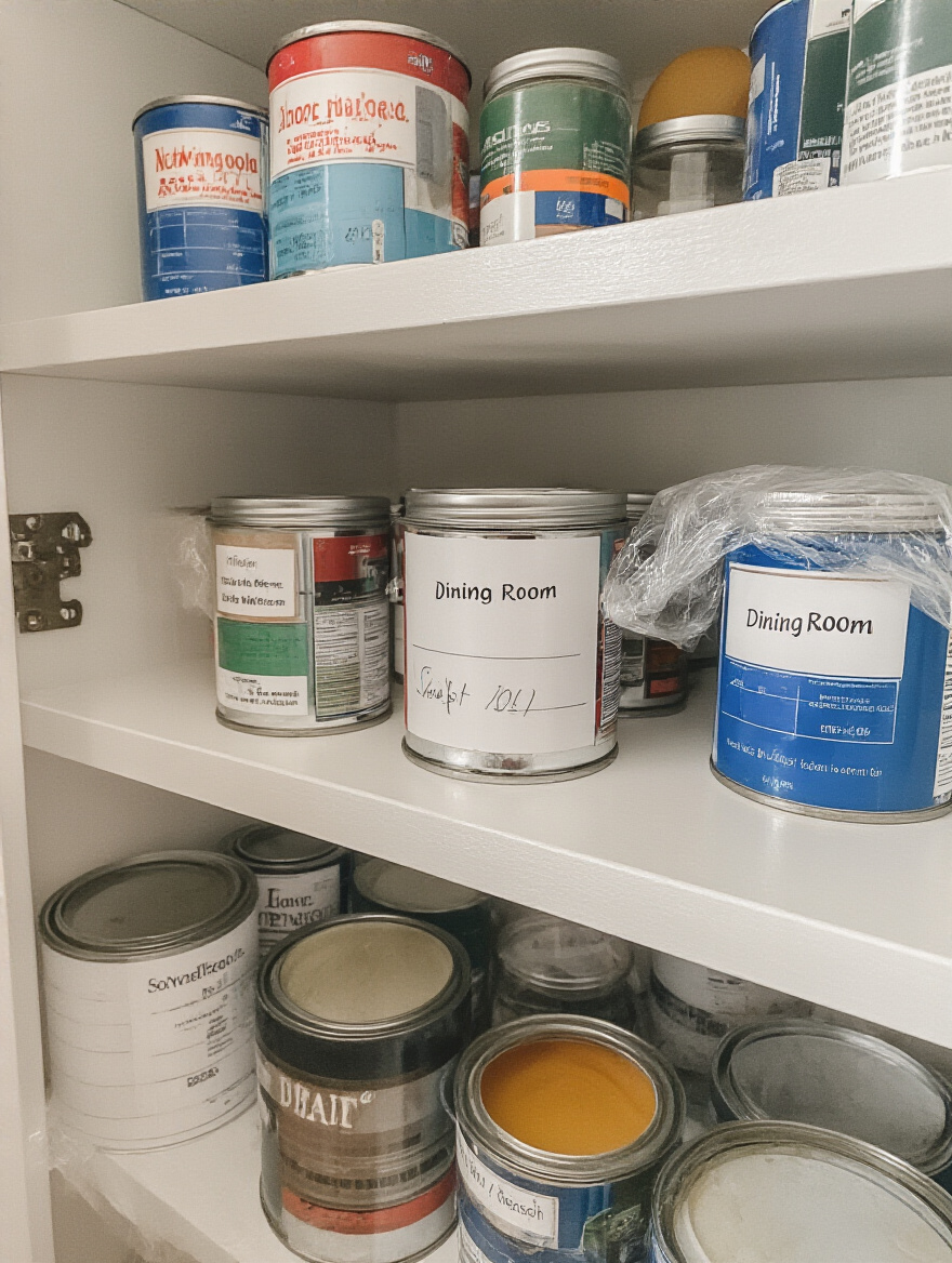 Organized paint cans and glass jars clearly labeled and stored on a shelf in a cool, dry, dark utility closet, showcasing proper leftover paint storage for dining room touch-ups.