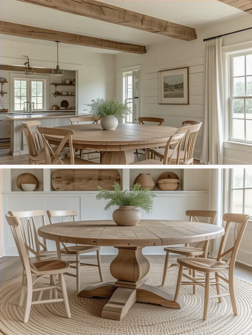 Comparison of a sturdy four-legged farmhouse dining table and a space-saving pedestal farmhouse dining table in a rustic dining room setting, highlighting legroom and stability differences.