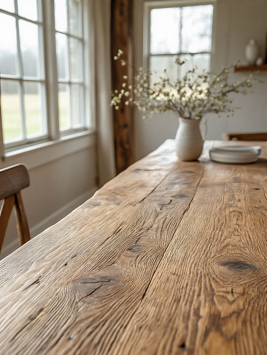Rustic farmhouse dining table showing subtle signs of wood expansion and contraction, with a hygrometer nearby, highlighting wood movement and stability.