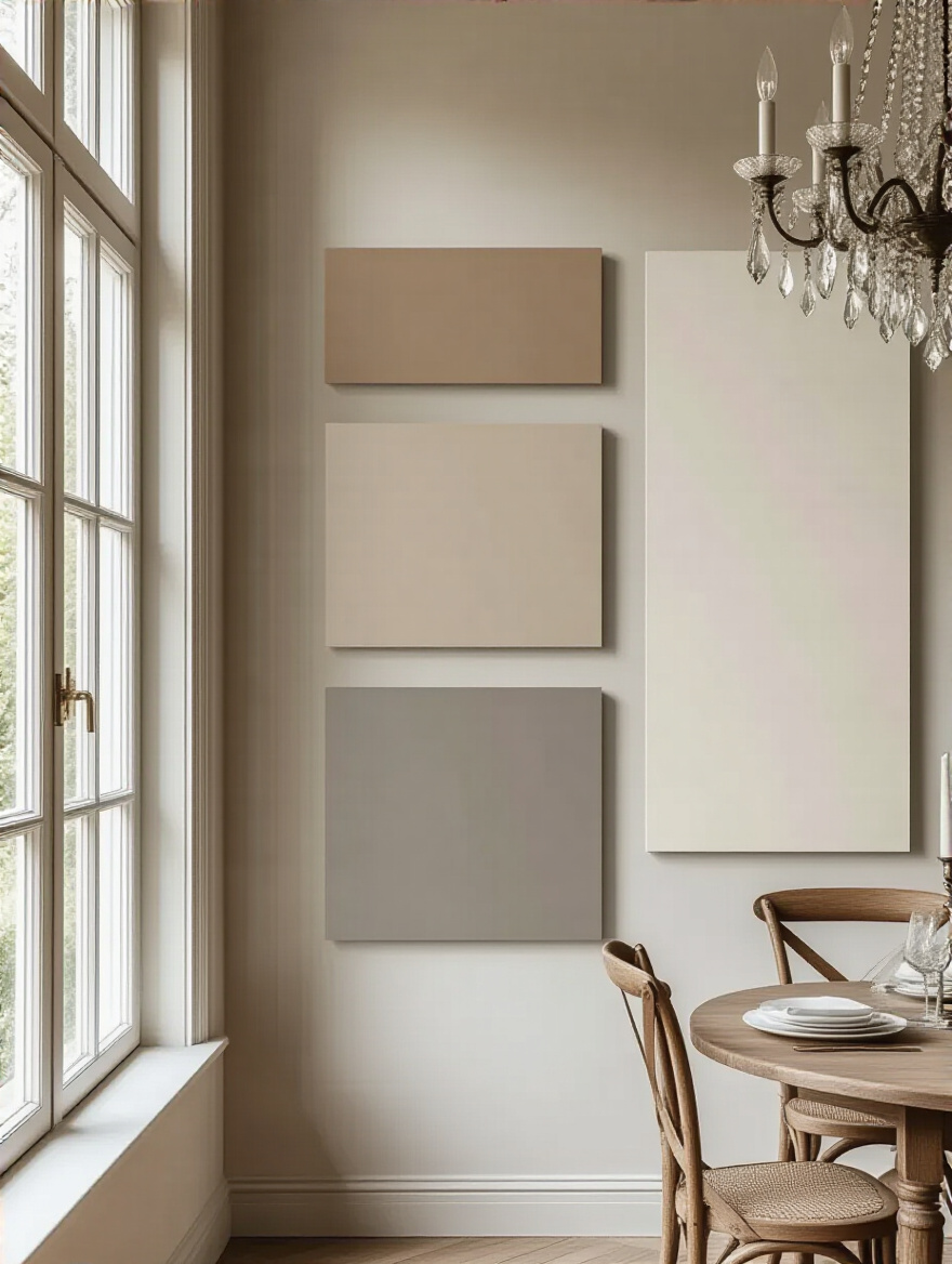 Large paint swatches in a dining room, showcasing how colors change under different natural and artificial lighting throughout the day, essential for selecting the right dining room paint.