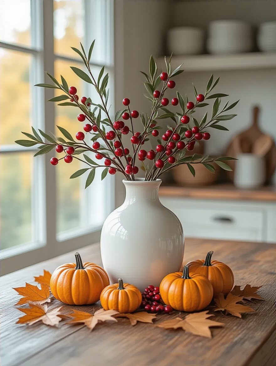 A beautifully styled kitchen table centerpiece featuring autumn seasonal accents like small pumpkins, berries, and dried leaves in a white ceramic vase, enhancing the decor.