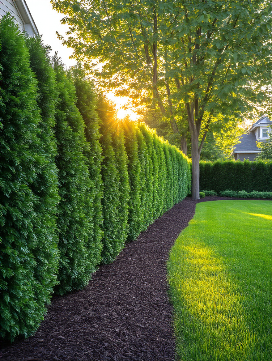 Dense, tall evergreen privacy shrubs creating a vibrant green barrier along a property line in a sunny backyard.