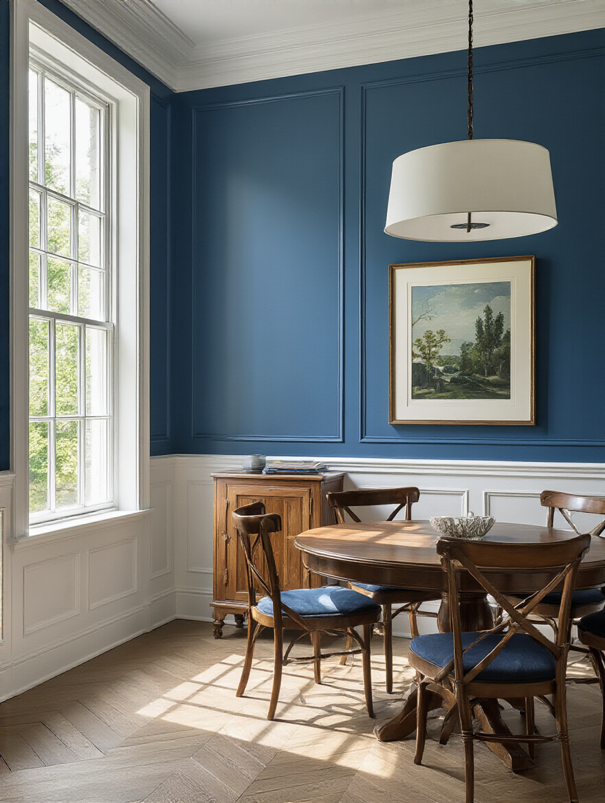Dining room with elegant two-tone walls, featuring a white lower section and a sapphire blue upper section, adding architectural depth.