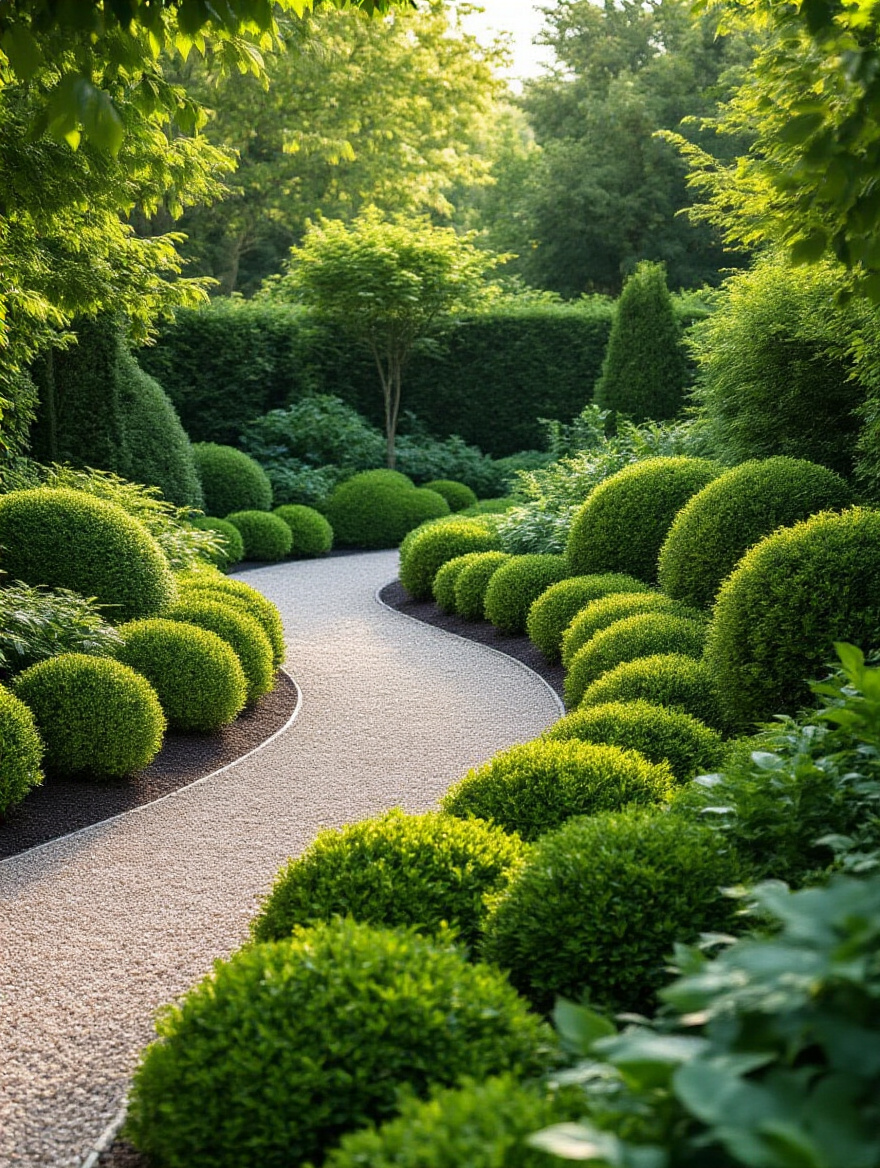 A beautifully landscaped garden with various healthy, green shrubs perfectly spaced apart, demonstrating ideal mature shrub sizes and thoughtful design, free from overcrowding.