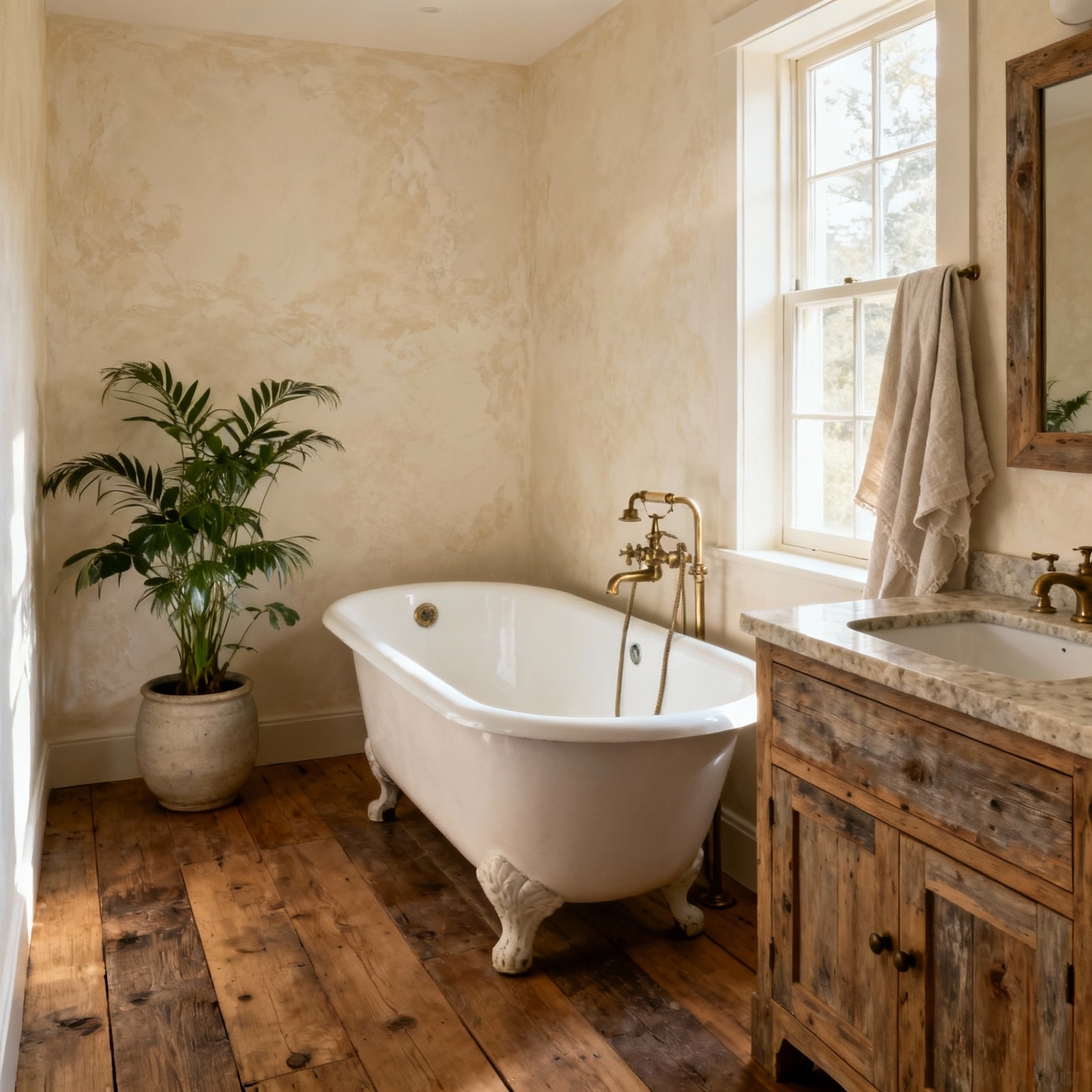 Luxurious farmhouse spa bathroom with freestanding clawfoot tub, reclaimed oak vanity, artisan plaster walls, and natural light, defining a personalized serene aesthetic.