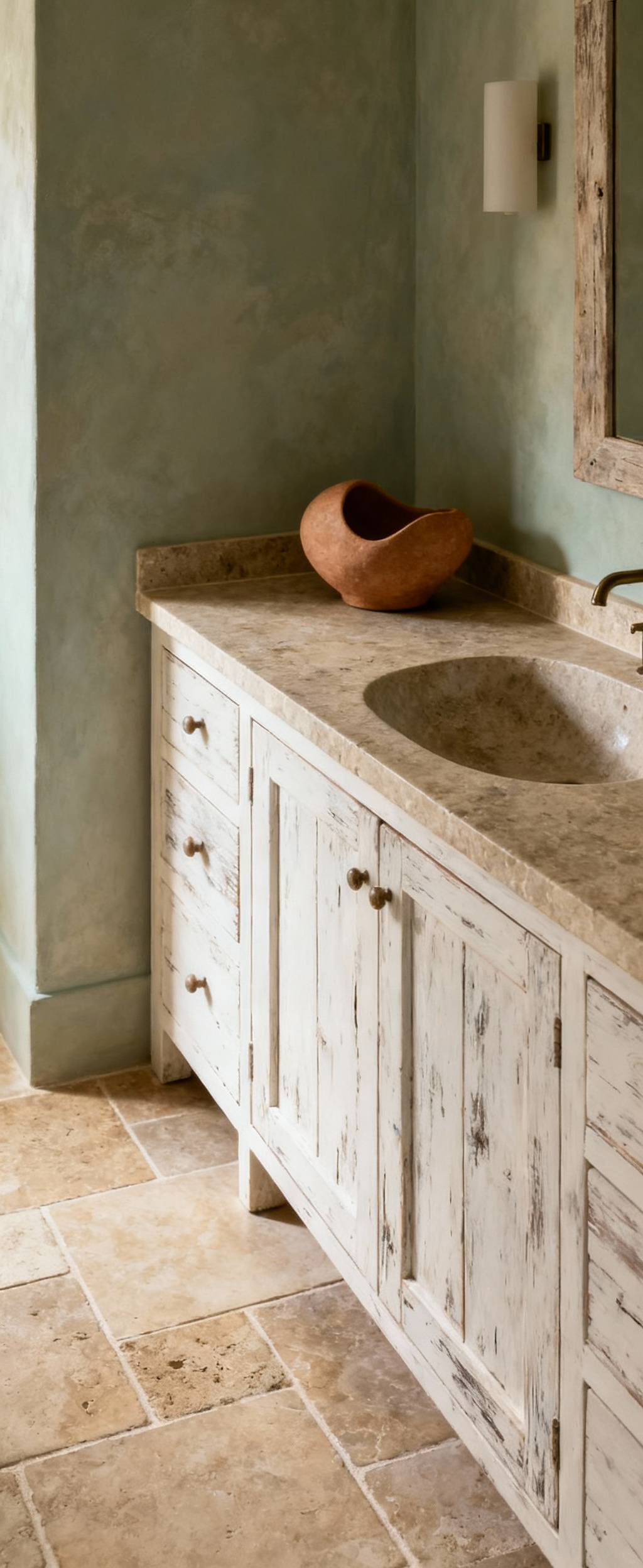 Portrait of a luxurious farmhouse spa bathroom showcasing a muted earth-toned color palette. Features include honed limestone, distressed white oak vanity, and brushed travertine tiles under soft natural light, creating a serene and elegant ambiance.