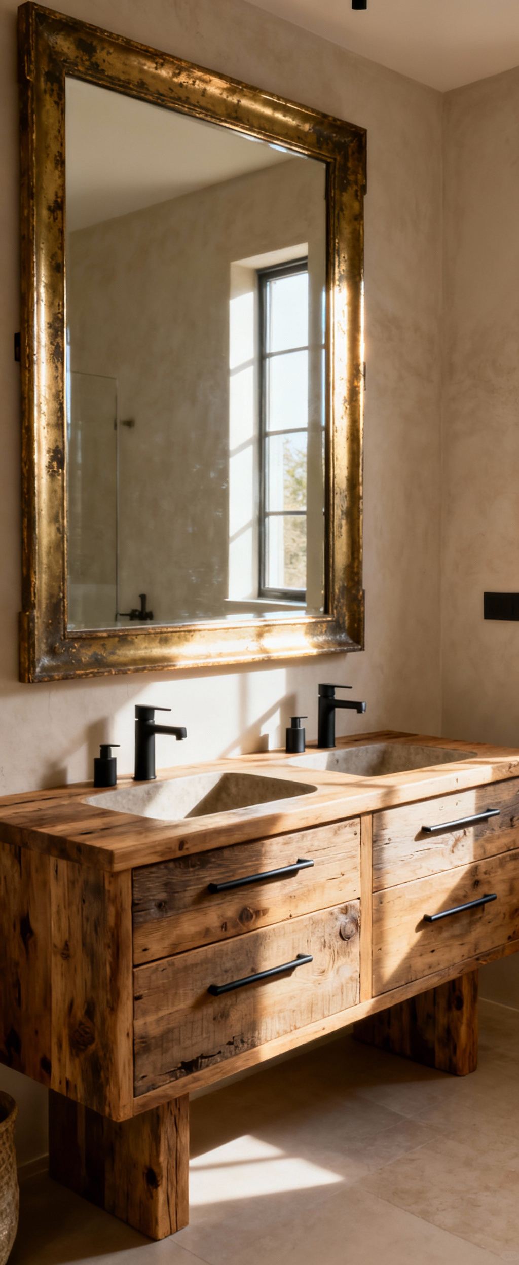 Luxury farmhouse bathroom with reclaimed wood vanity, matte black minimalist hardware, and distressed brass antique mirror, showcasing vintage-modern design blend