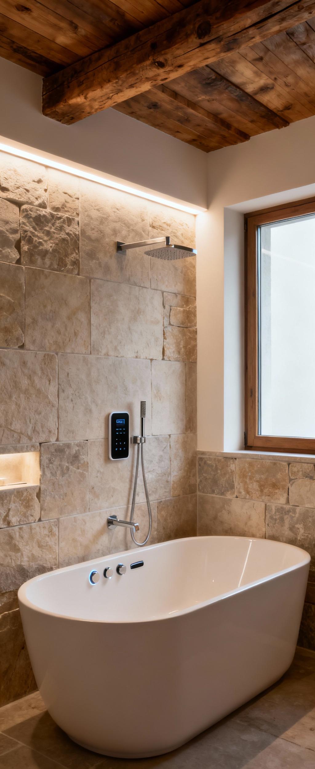 Luxurious farmhouse spa bathroom with integrated smart home technology, featuring a minimalist digital shower, hidden controls, and soft lighting for enhanced relaxation and seamless design.