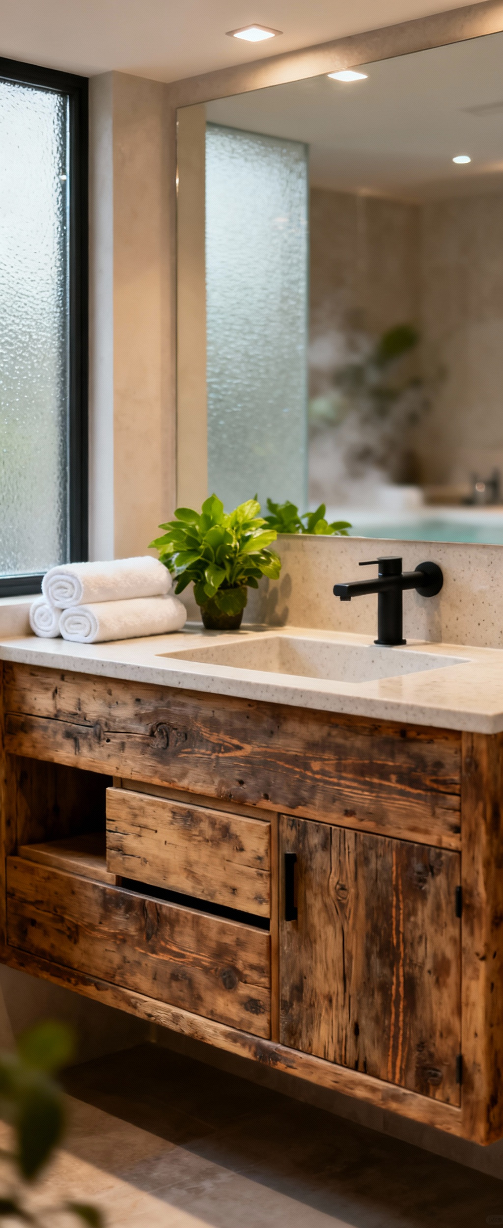 Luxury farmhouse bathroom vanity, artfully distressed reclaimed oak, integrated smart storage, quartz countertop, matte black fixtures, spa-like design, organized space.