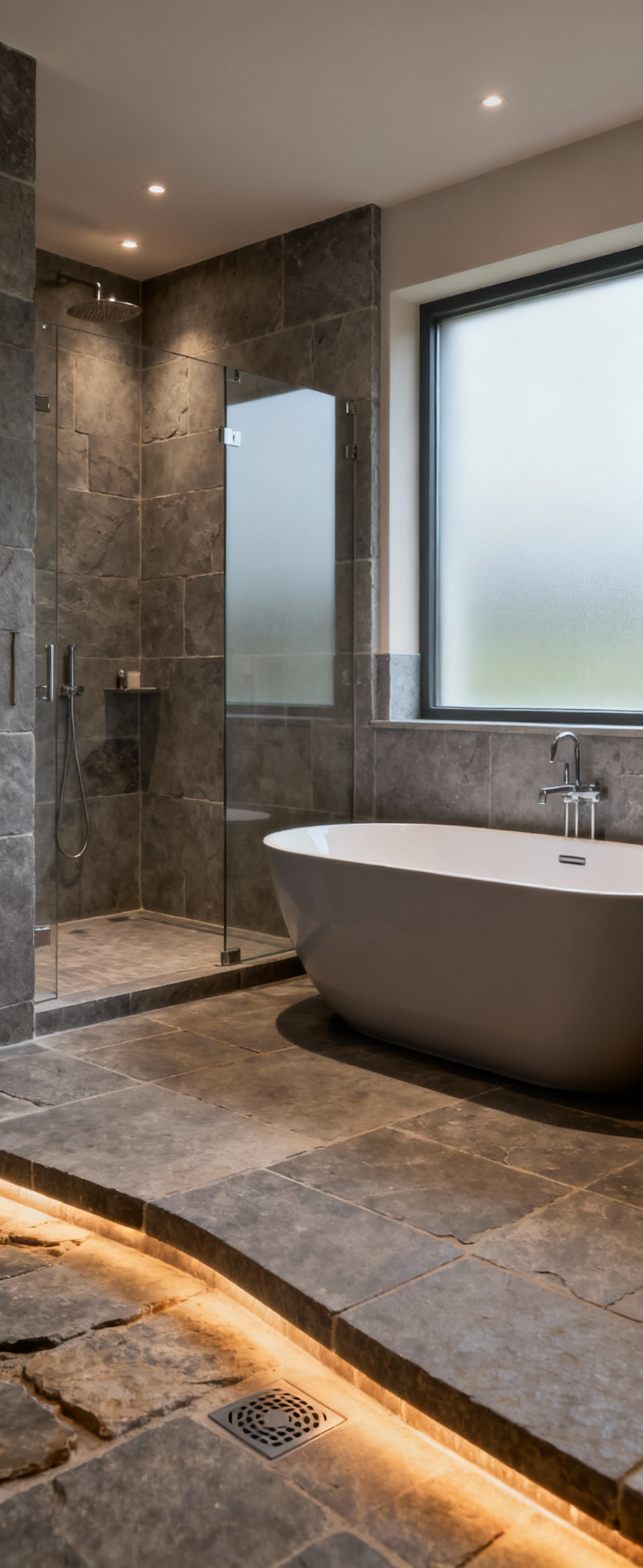 Luxury farmhouse wet room with slate steam shower, freestanding tub, natural stone floor, and recessed lighting, showing spa-grade design.