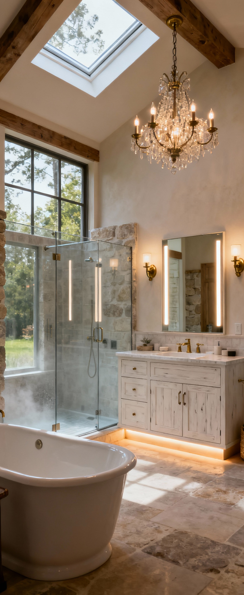 Luxurious farmhouse spa bathroom with abundant natural light from a large window and skylight, complemented by layered dimmable LED lighting, vanity sconces, and a chic chandelier, creating a balanced and serene ambiance.