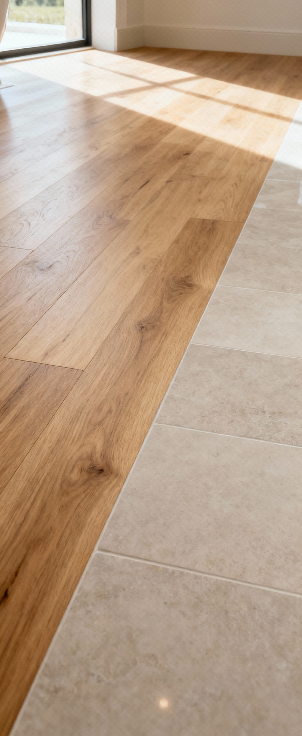View of natural stone and engineered wood flooring seamlessly integrated into a luxury farmhouse spa bathroom. The flooring contributes to enduring beauty and thermal comfort, featuring honed stone and wide-plank wood.