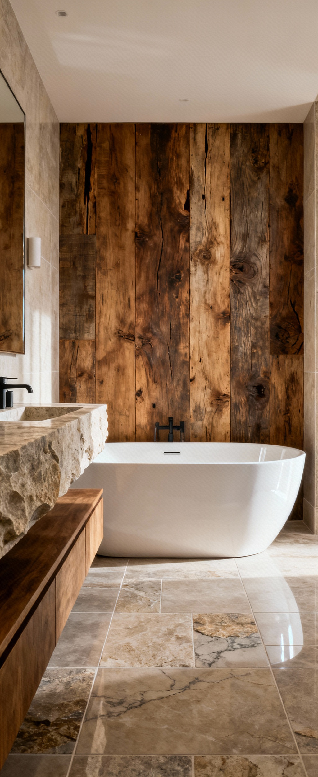 A luxury farmhouse spa bathroom showcasing a vanity with natural stone countertop, reclaimed wood accent wall, and durable large-format porcelain tiles, bathed in natural light.