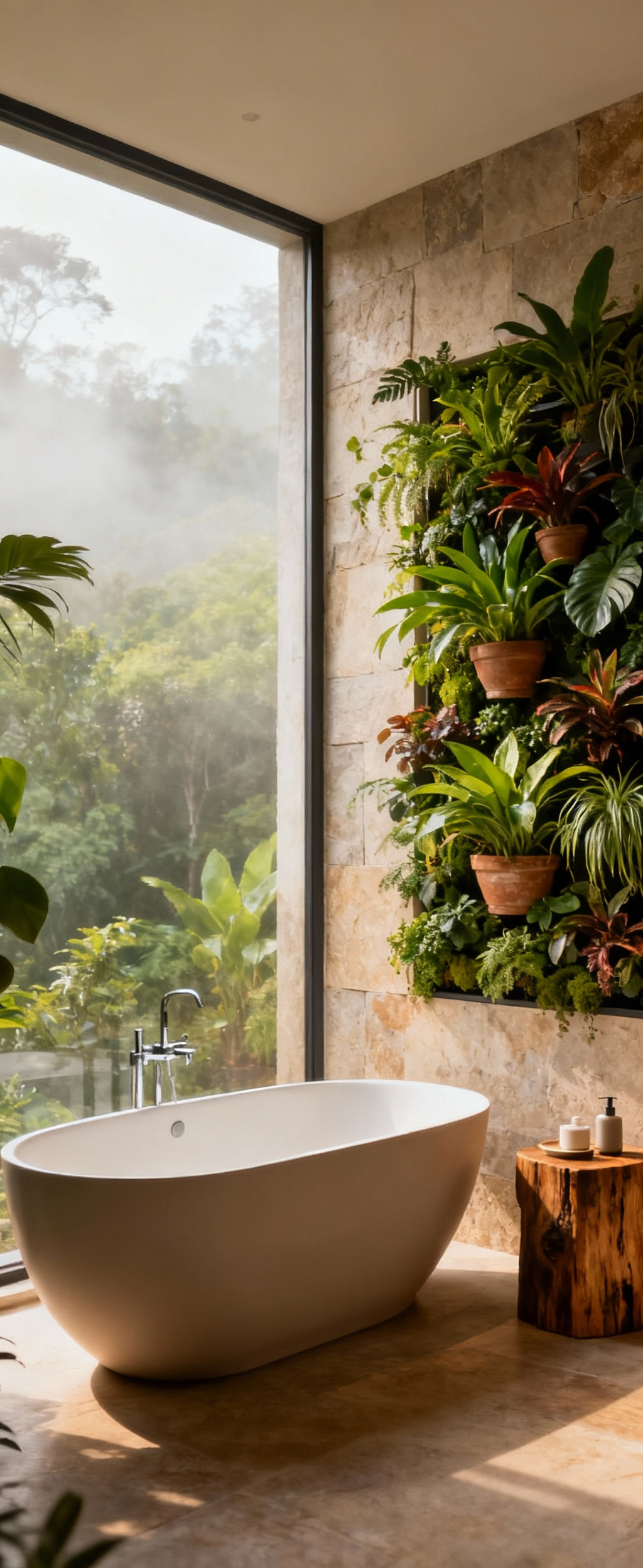 A serene farmhouse spa bathroom featuring biophilic design elements, including a freestanding soaking tub next to a large window with natural light, surrounded by a living vertical garden and natural wood and stone textures.