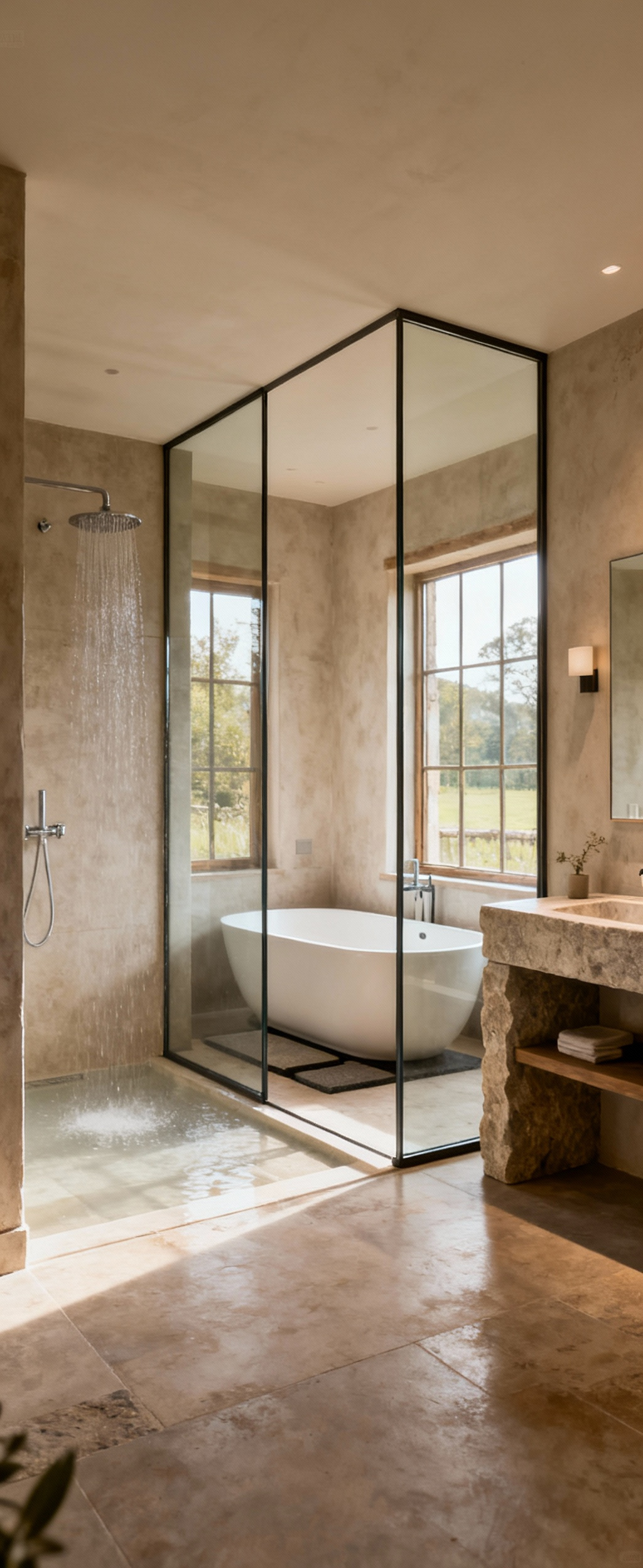 An aerial view of a luxury farmhouse spa bathroom layout featuring distinct zones, a glass-enclosed wet room with a soaking tub and shower, and a large vanity area under ample natural light, demonstrating optimal spatial flow and functionality.