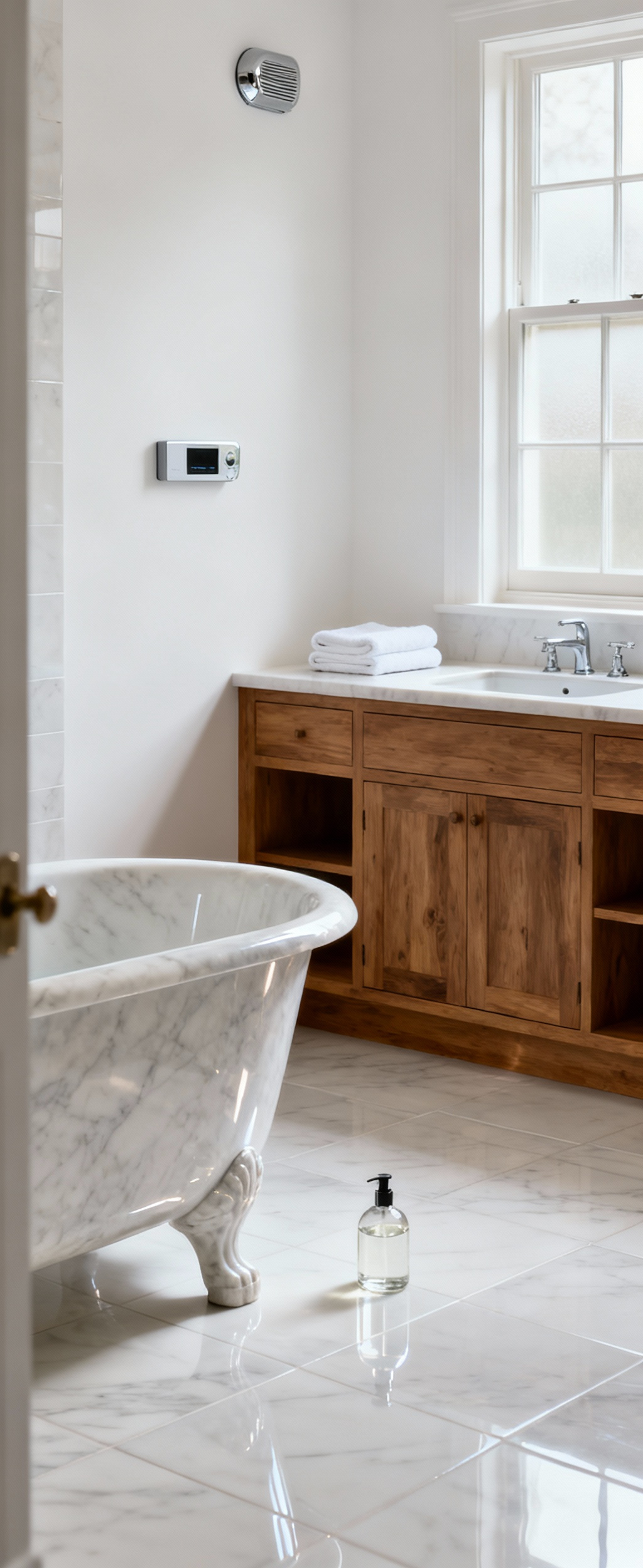 Pristine luxury farmhouse spa bathroom with sparkling tub and wooden vanity, highlighting intelligent maintenance for enduring beauty.