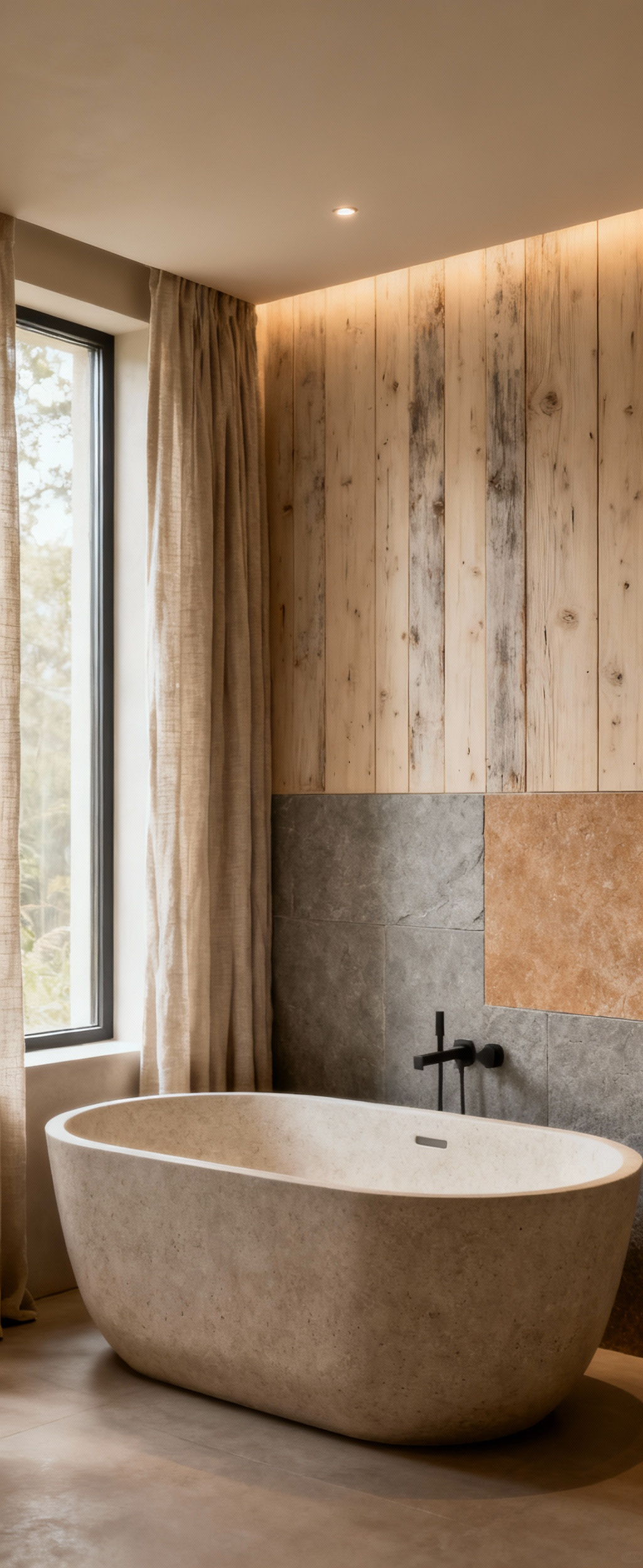 A luxurious farmhouse spa bathroom with a freestanding natural stone soaking tub, reclaimed wood paneling, and soft natural light, creating a serene and psychologically beneficial environment for well-being.
