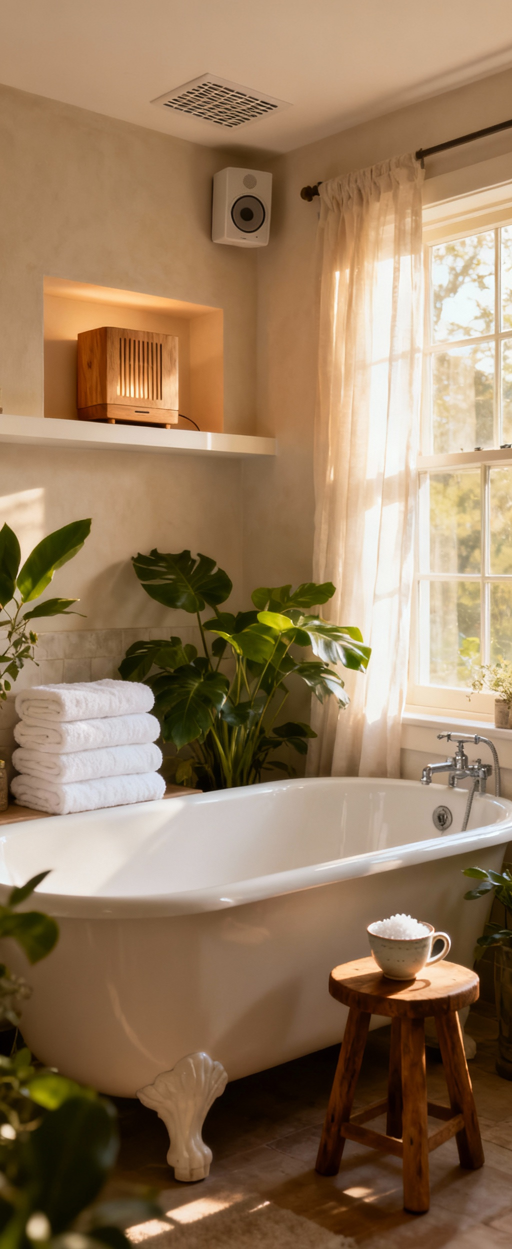 Luxury farmhouse spa bathroom with integrated aroma diffuser and hidden speakers, enhancing a cohesive sensory experience through scent and sound.