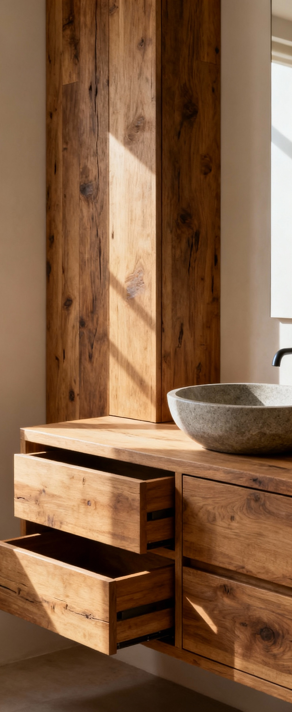 Luxury farmhouse spa bathroom with custom reclaimed oak vanity featuring seamless hidden storage drawers and a pristine stone basin, demonstrating bespoke joinery for uncluttered tranquility.