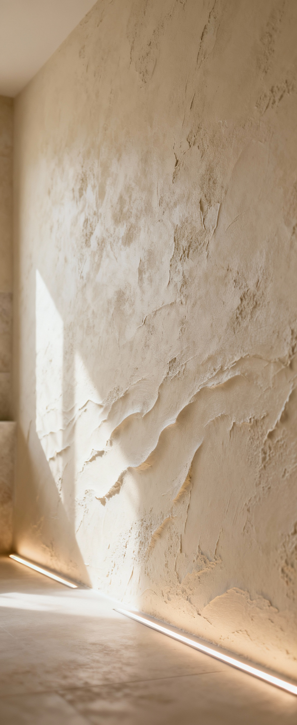Luxury farmhouse spa bathroom wall with subtle limewash texture, highlighted by soft lighting, adding sophisticated depth and character.