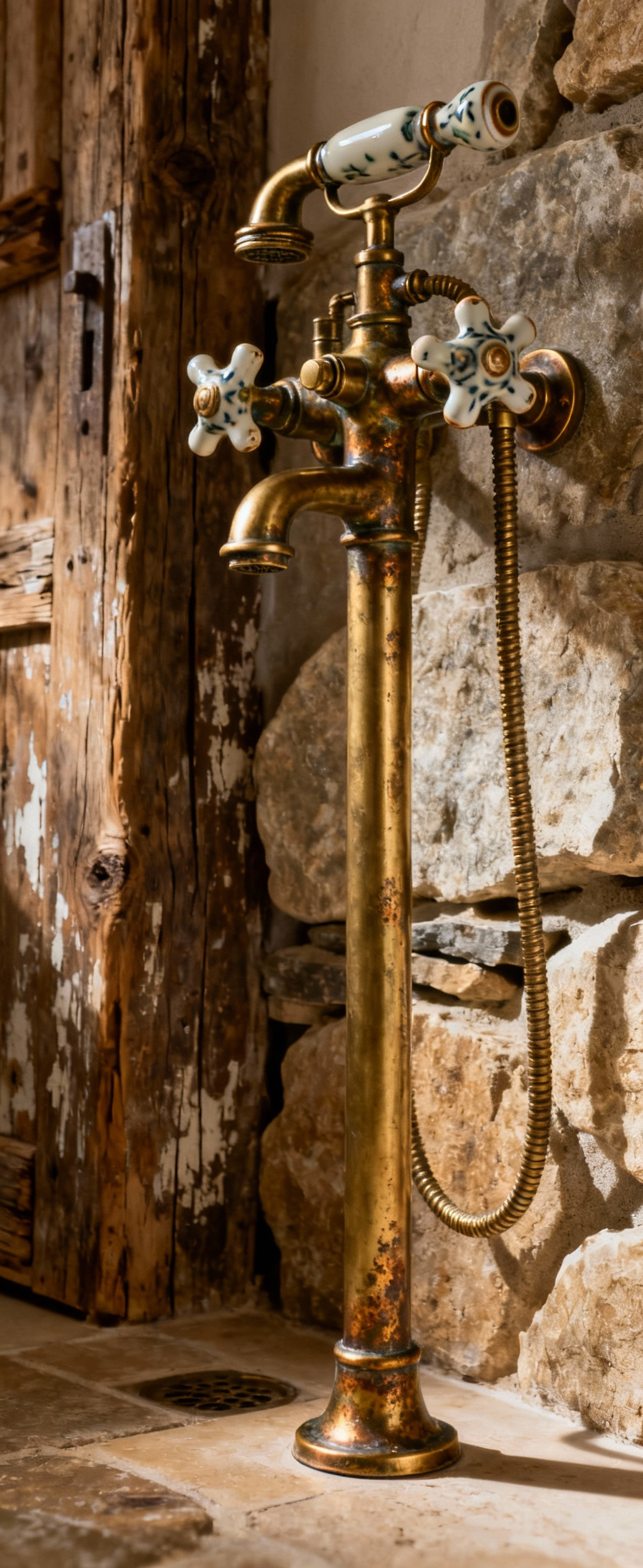 A floor-mounted unlacquered brass tub filler with artisanal ceramic handles in a luxury farmhouse spa bathroom, highlighting its sculptural design.