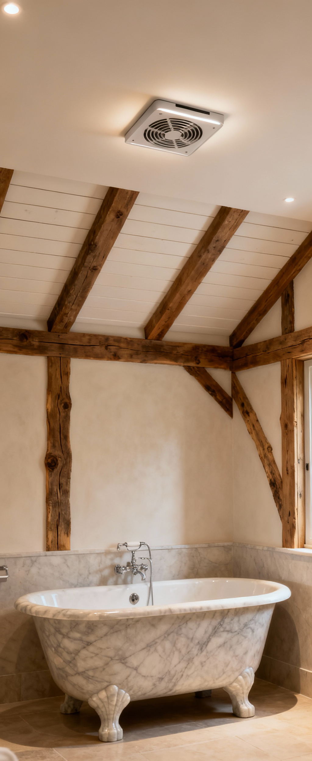 Luxury farmhouse spa bathroom with a discreet ceiling exhaust fan, freestanding stone tub, and preserved wood accents, showcasing strategic venting for humidity control.