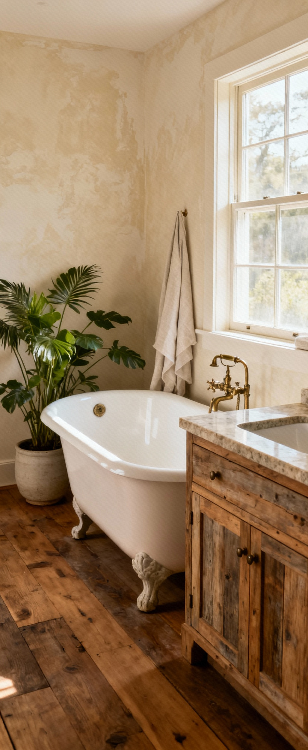 Luxurious farmhouse spa bathroom with freestanding clawfoot tub, reclaimed oak vanity, artisan plaster walls, and natural light, defining a personalized serene aesthetic.