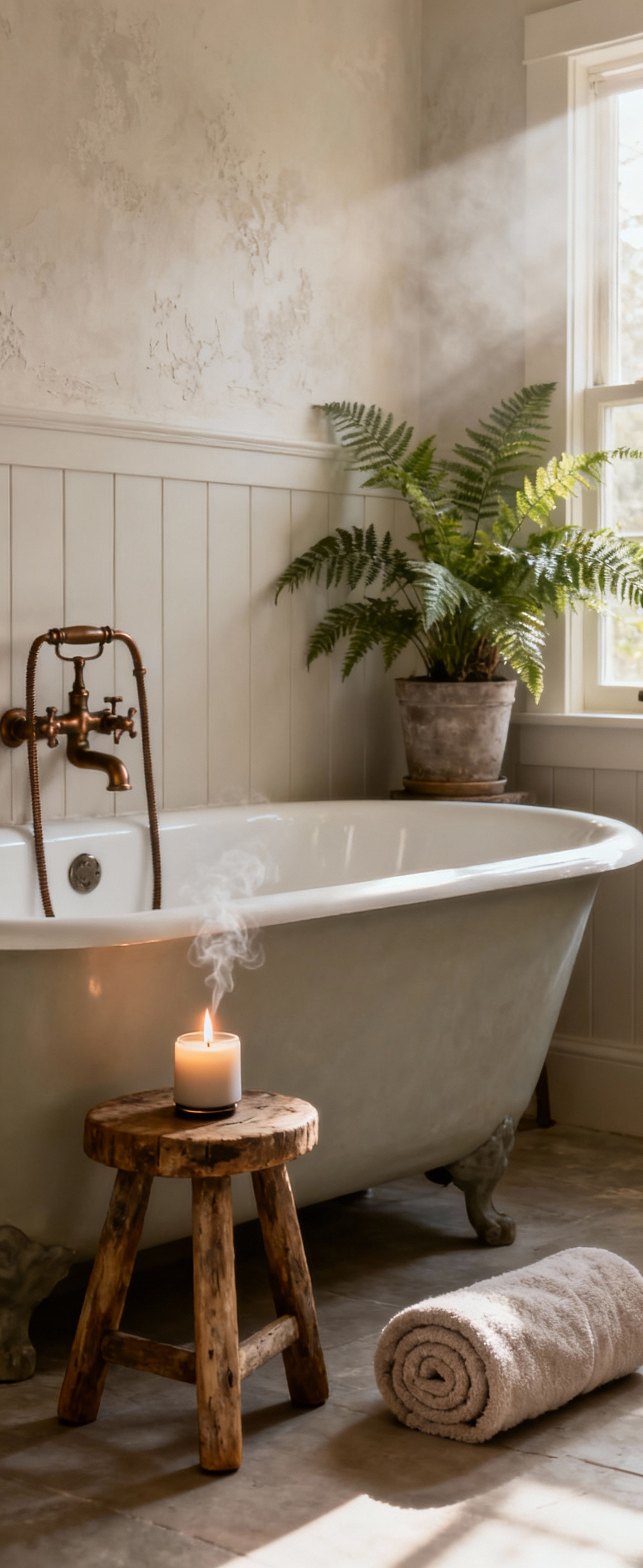 Serene luxury farmhouse spa bathroom with a deep soaking tub, natural light, aromatherapy diffuser, and elegant fixtures, perfect for a personal wellness ritual.
