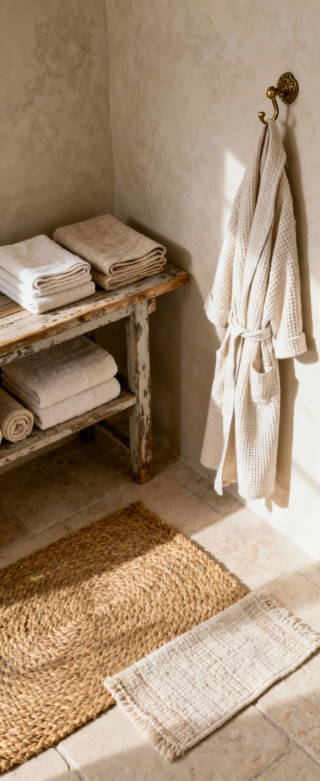 Stacked organic cotton towels, waffle-weave robe, and natural fiber bathmat in a luxurious farmhouse bathroom, showcasing layered textiles.