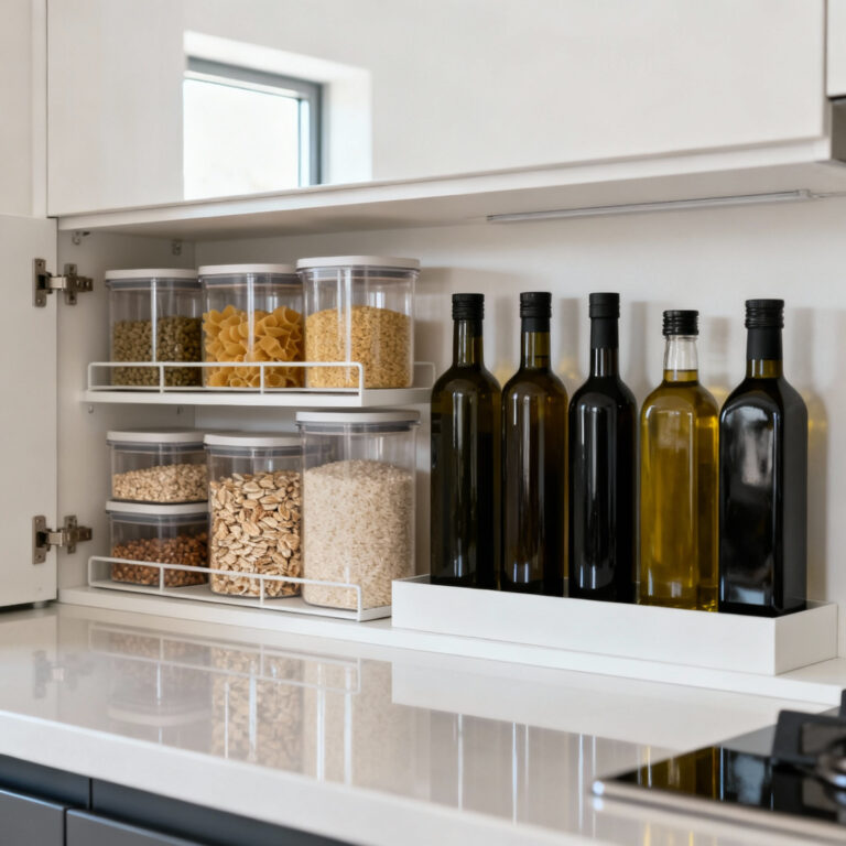 A beautifully organized small kitchen pantry with transparent canisters, stacked shelves, and neatly arranged essentials, reflecting retail inventory principles for efficient decluttering.