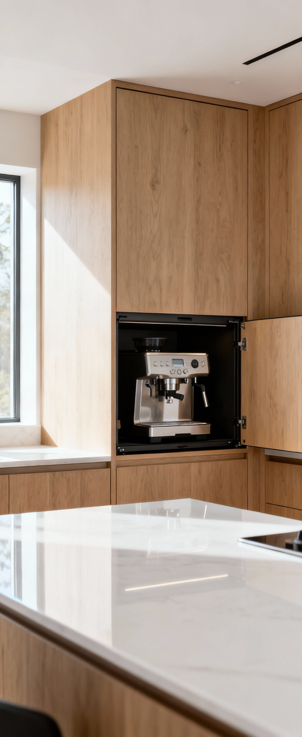 A modern kitchen with light wood cabinetry featuring a partially open appliance garage concealing a coffee machine, demonstrating built-in kitchen solutions.
