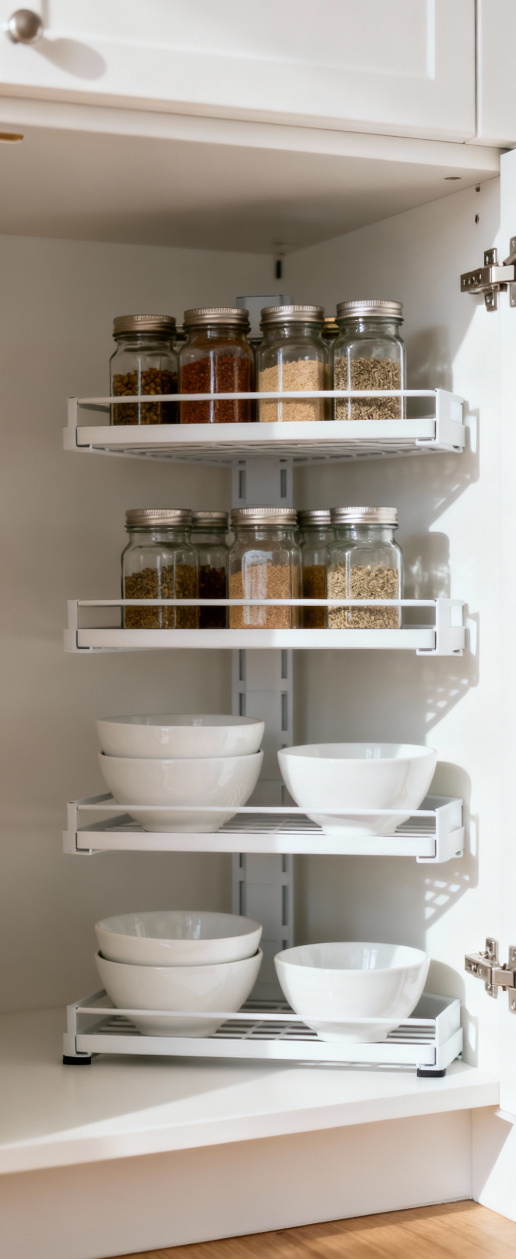 A small kitchen cabinet featuring well-organized multi-tiered shelves holding spices and ceramic bowls, showcasing optimized vertical storage.