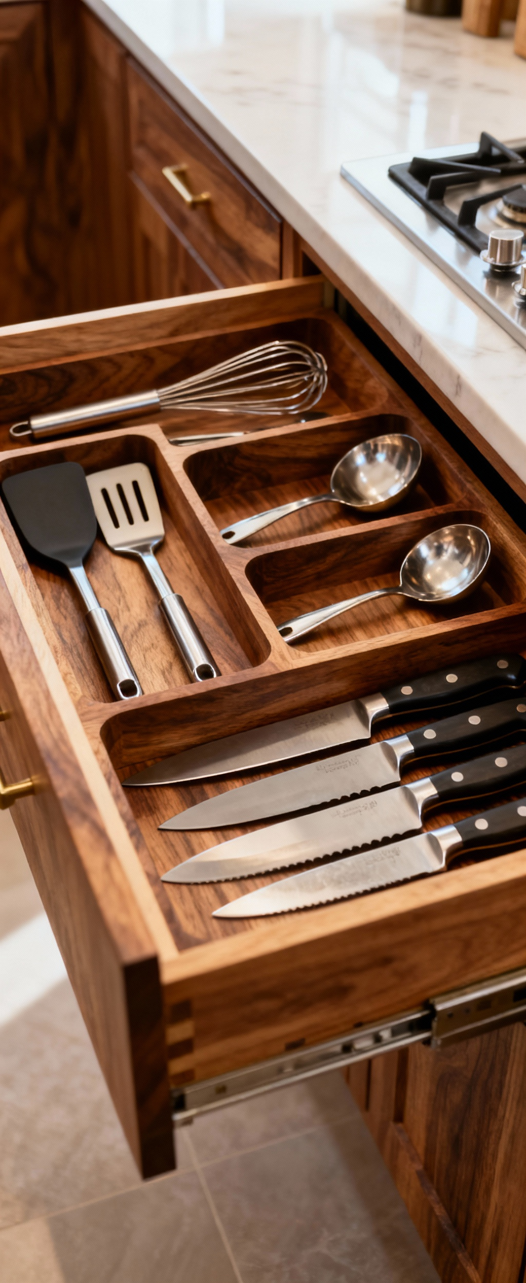 Open kitchen drawer with custom wooden inserts meticulously organizing various kitchen utensils and knives, showcasing precision storage.