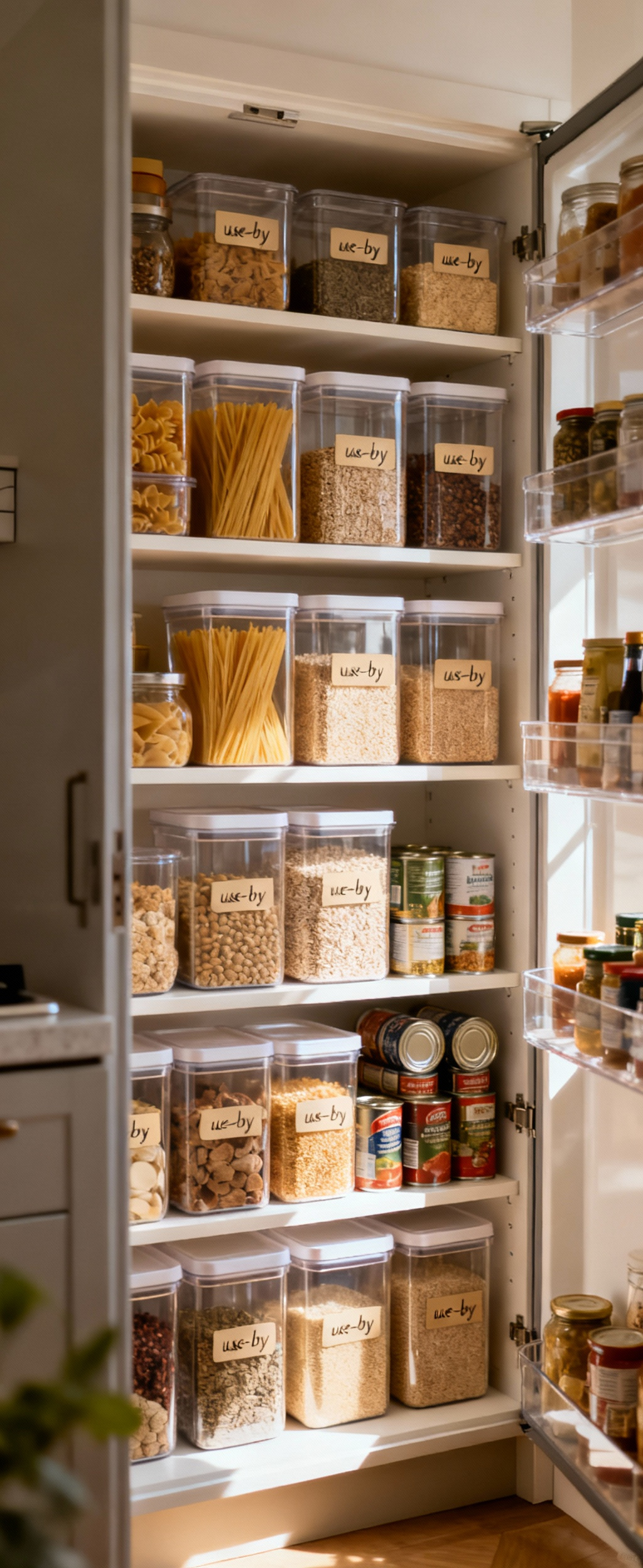 Close-up of a meticulously organized small kitchen pantry interior, showing clear containers labeled with dates arranged in a 'First-In, First-Out' (FIFO) system, older items at the front. The shelves are tiered for visibility.