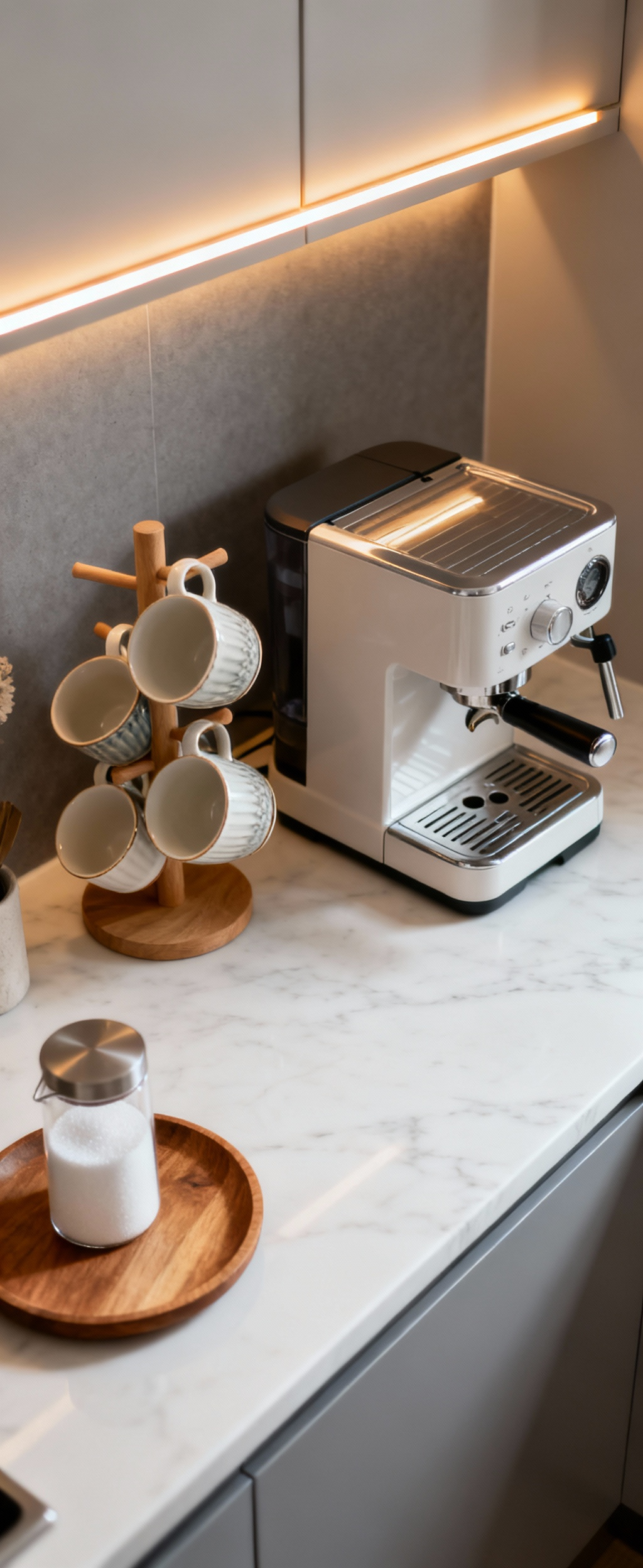 A meticulously organized small kitchen countertop with a designated coffee bar zone featuring an espresso machine, stacked mugs, and sugar dispenser on a wooden tray, well-lit to showcase intentional design.