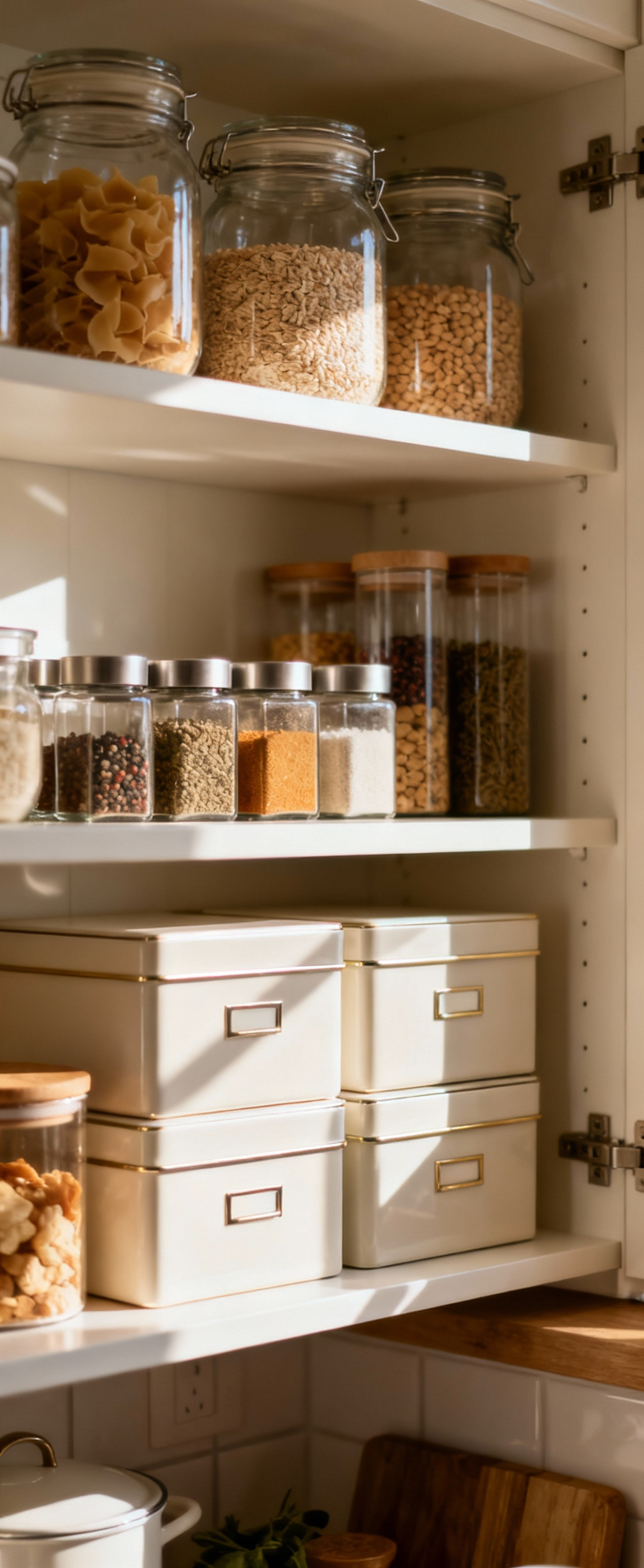 An immaculately organized small kitchen pantry shelf, filled with various staple food items in coordinated glass jars and containers, representing efficient digital inventory systems for smart replenishment.