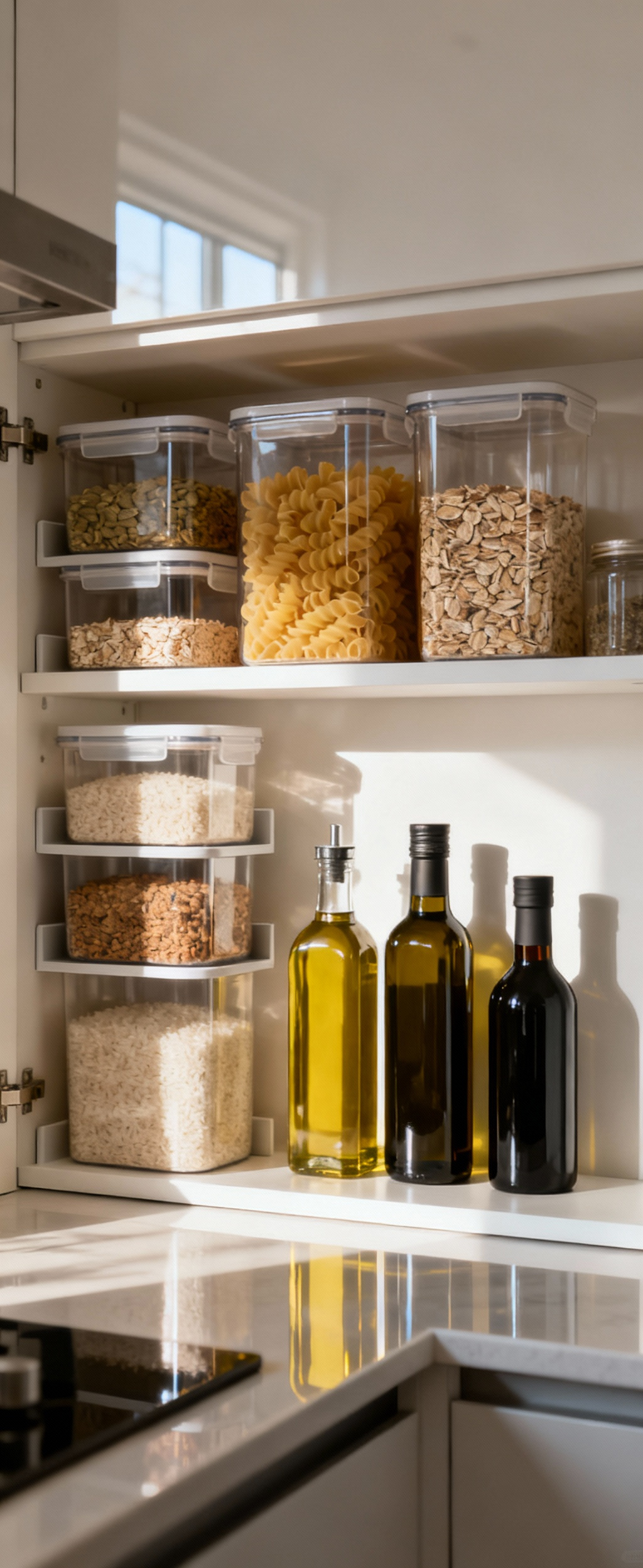 A beautifully organized small kitchen pantry with transparent canisters, stacked shelves, and neatly arranged essentials, reflecting retail inventory principles for efficient decluttering.