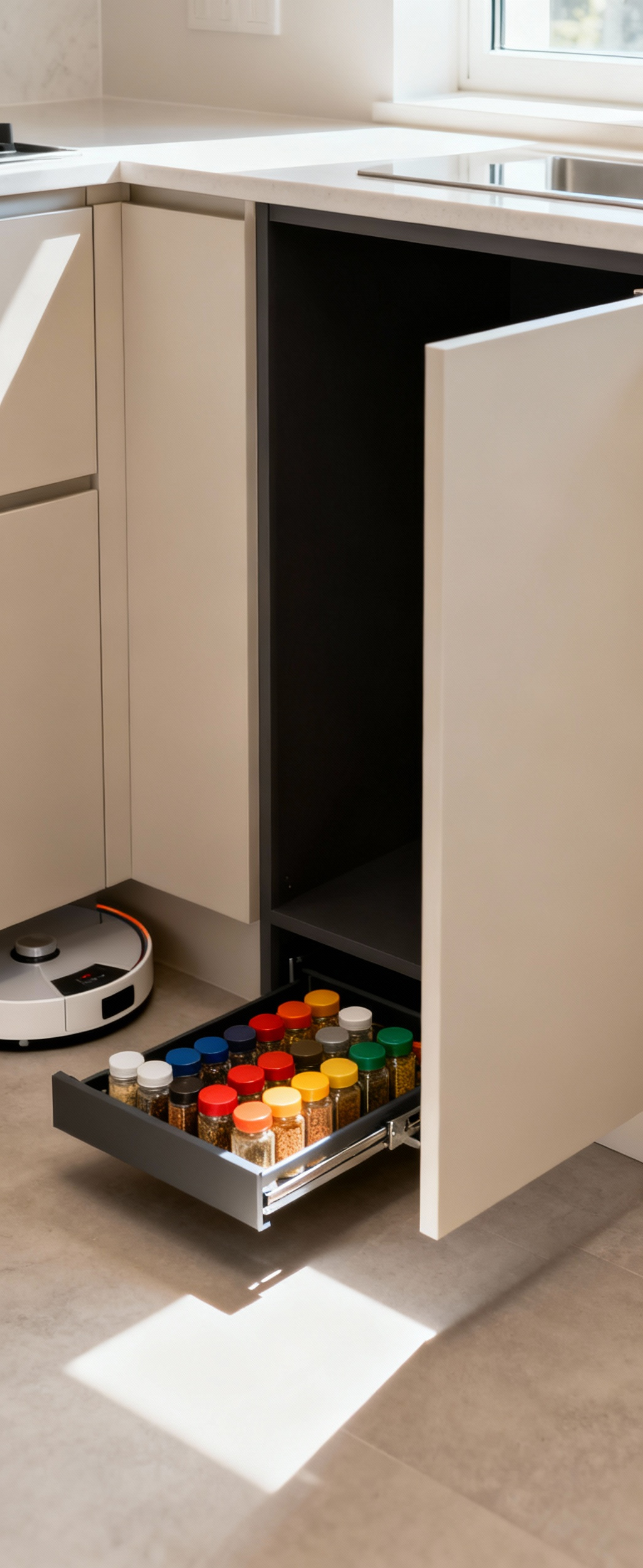 Deep kitchen base cabinet with a partially extended pull-out shelf filled with spice jars and a glimpse of a D-shaped Lazy Susan in the corner, illustrating enhanced cabinet organization.